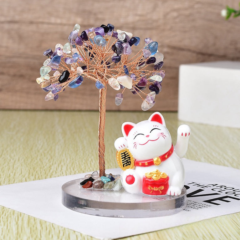 Solar Power Fortune Cat Natural Crystal Stone Chips Tree DIY Wire Wrapping Money Tree Fortune Tree Gift Home Decoration