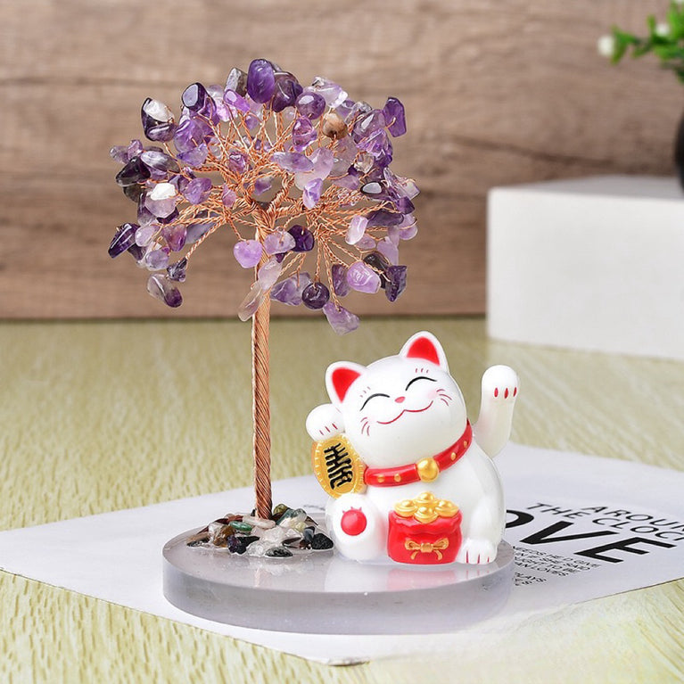 Solar Power Fortune Cat Natural Crystal Stone Chips Tree DIY Wire Wrapping Money Tree Fortune Tree Gift Home Decoration