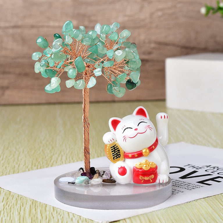 Solar Power Fortune Cat Natural Crystal Stone Chips Tree DIY Wire Wrapping Money Tree Fortune Tree Gift Home Decoration