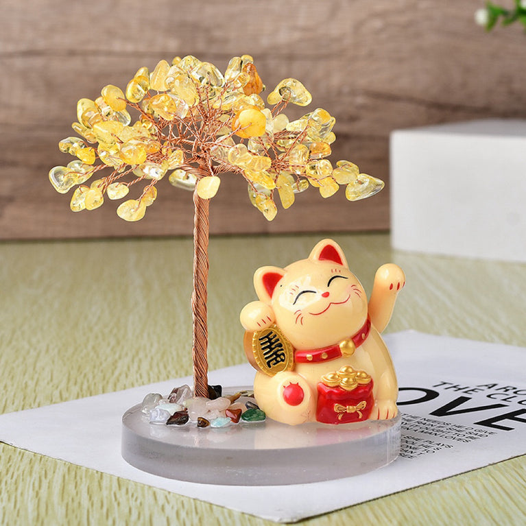 Solar Power Fortune Cat Natural Crystal Stone Chips Tree DIY Wire Wrapping Money Tree Fortune Tree Gift Home Decoration