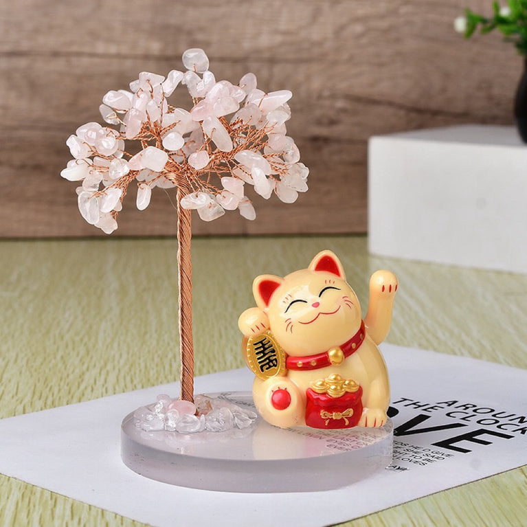 Solar Power Fortune Cat Natural Crystal Stone Chips Tree DIY Wire Wrapping Money Tree Fortune Tree Gift Home Decoration