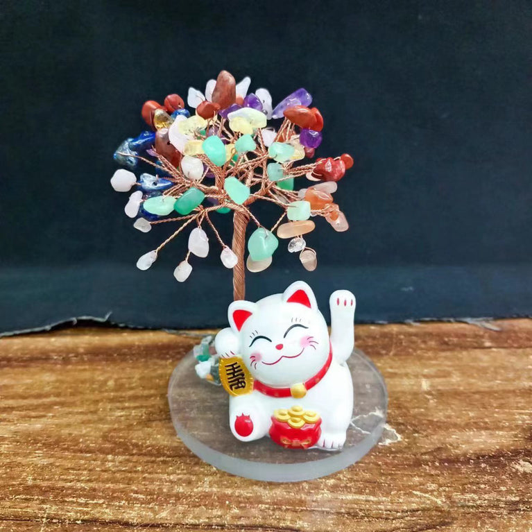 Solar Power Fortune Cat Natural Crystal Stone Chips Tree DIY Wire Wrapping Money Tree Fortune Tree Gift Home Decoration