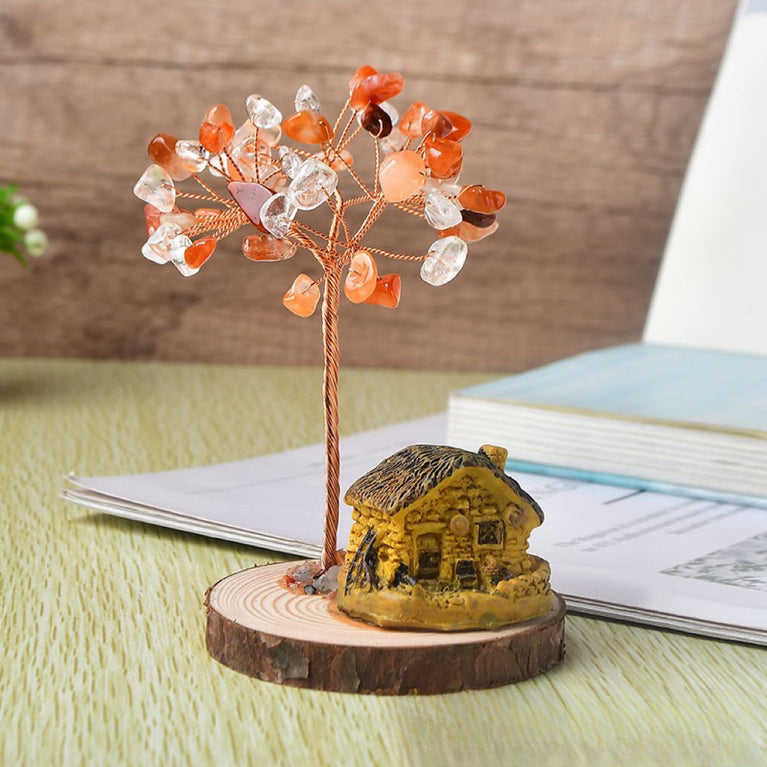 Natural Crystal Stone Chips Tree Cartoon House Base DIY Wire Wrapping Money Tree Fortune Tree Gift Home Decoration