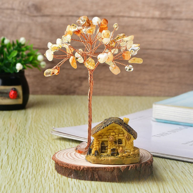 Natural Crystal Stone Chips Tree Cartoon House Base DIY Wire Wrapping Money Tree Fortune Tree Gift Home Decoration