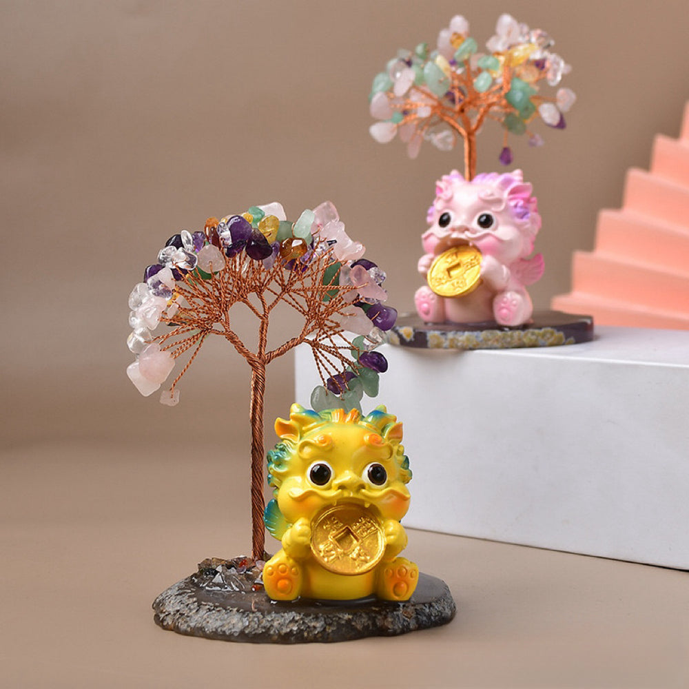 Money Lion Natural Crystal Stone Chips Tree DIY Wire Wrapping Money Tree Fortune Tree Gift Home Decoration