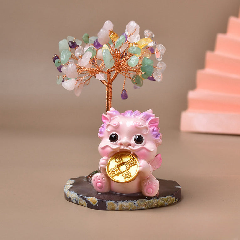 Money Lion Natural Crystal Stone Chips Tree DIY Wire Wrapping Money Tree Fortune Tree Gift Home Decoration