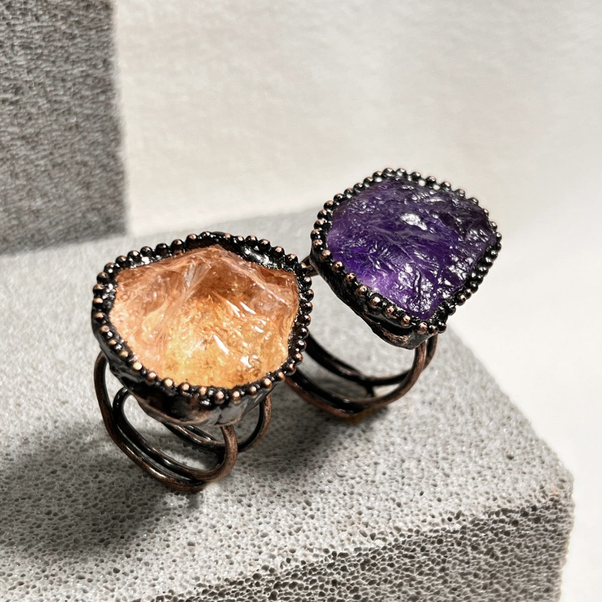 Natutal Citrine Amethyst Raw Freeform Vintage Adjustable Rings