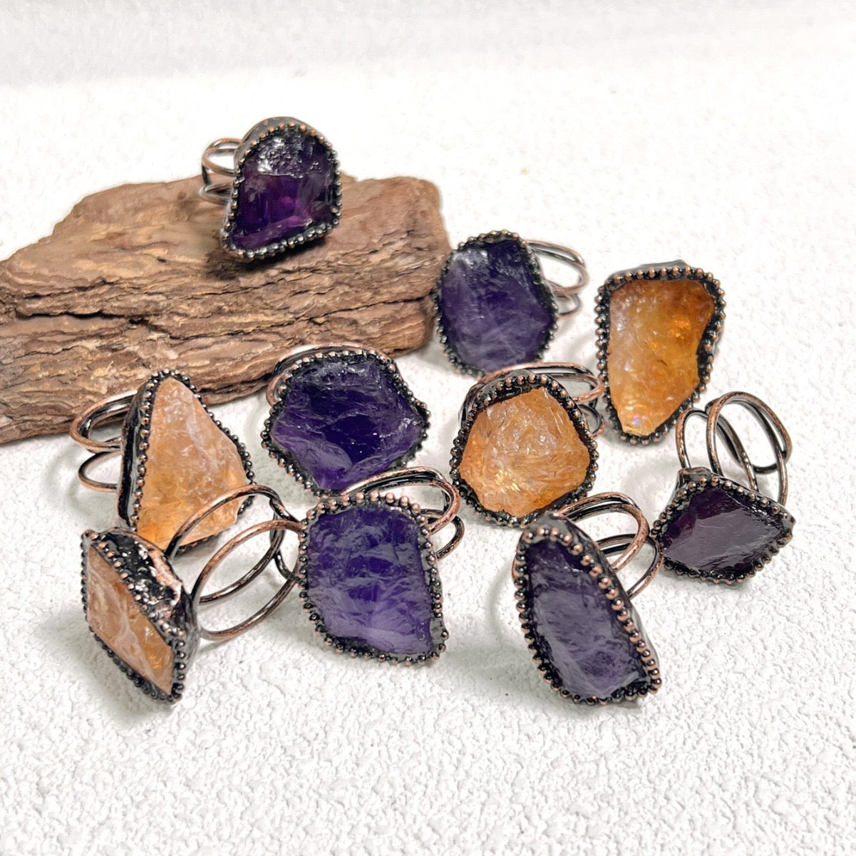 Natutal Citrine Amethyst Raw Freeform Vintage Adjustable Rings