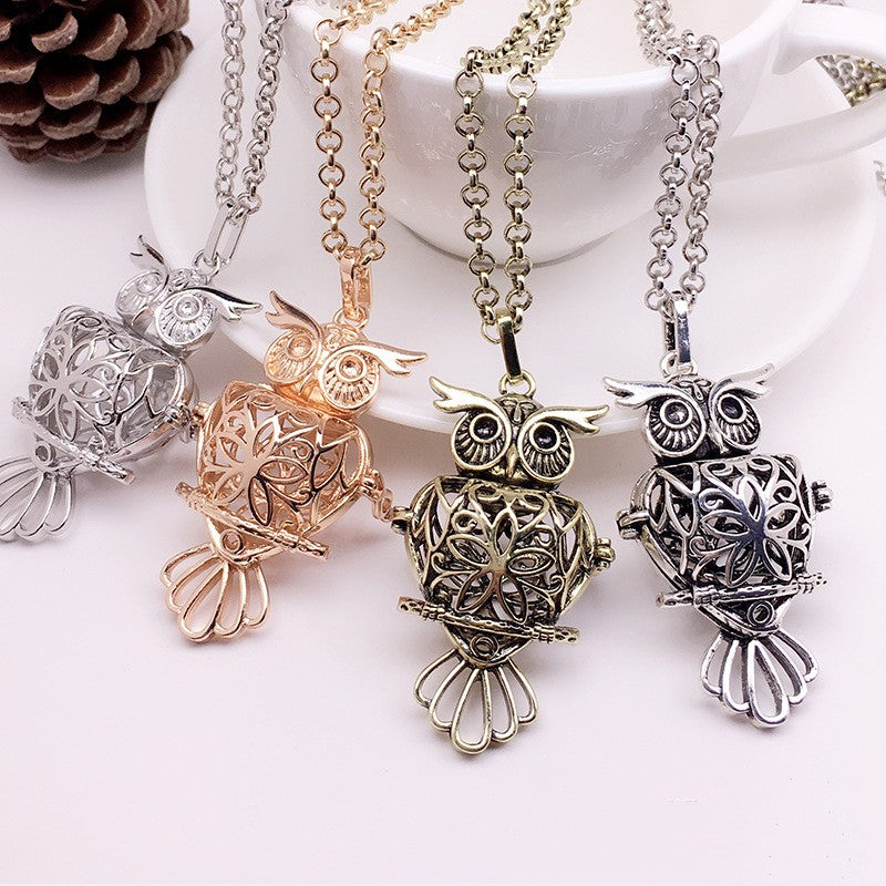 Owl Metal Sphere Holder Necklace Perfume Pendant Sweater Chain