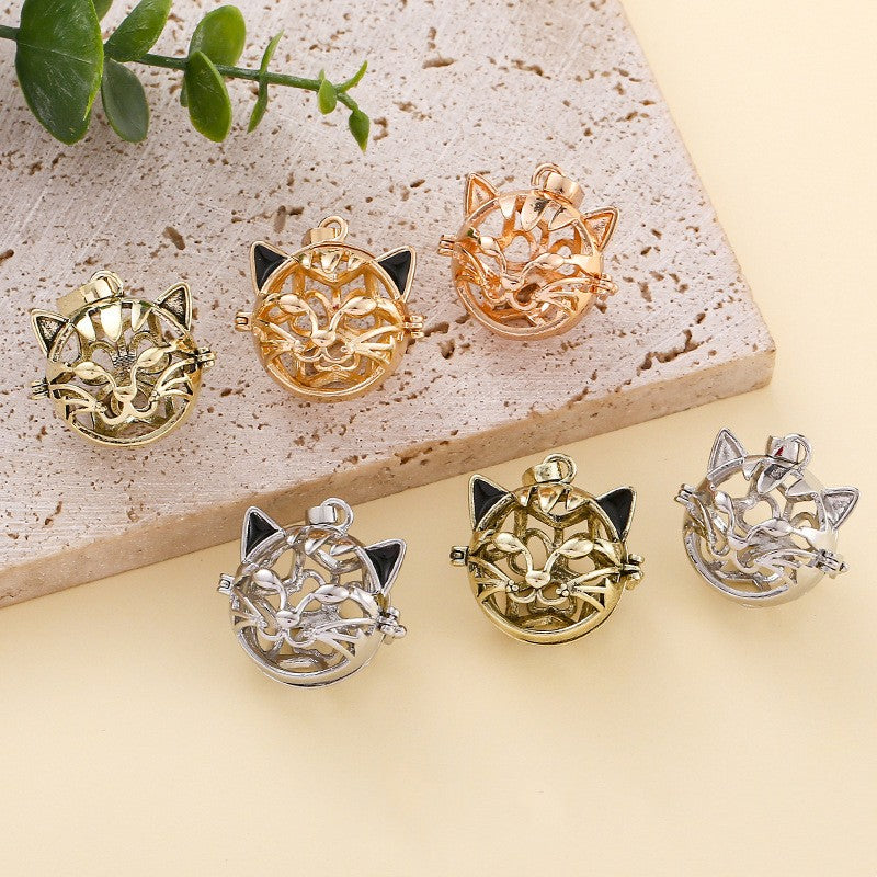 Cat Head Metal Sphere Holder Necklace Perfume Pendant Sweater Chain