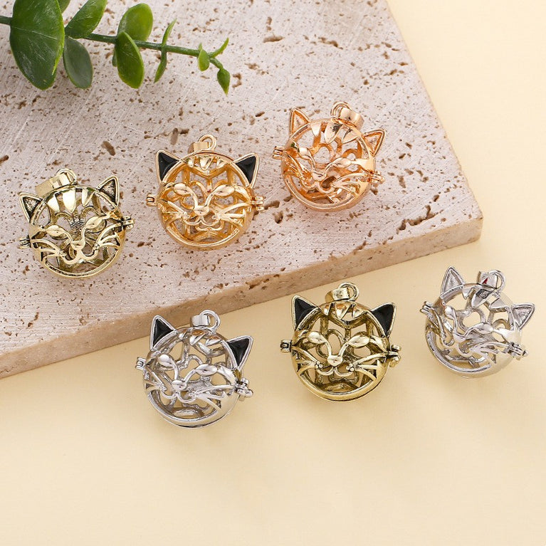 Cat Head Metal Sphere Holder Necklace Perfume Pendant Sweater Chain