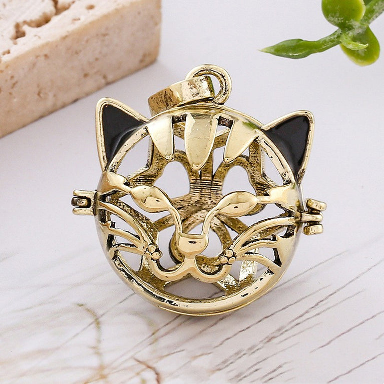 Cat Head Metal Sphere Holder Necklace Perfume Pendant Sweater Chain