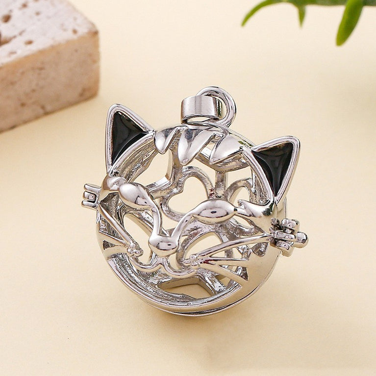 Cat Head Metal Sphere Holder Necklace Perfume Pendant Sweater Chain