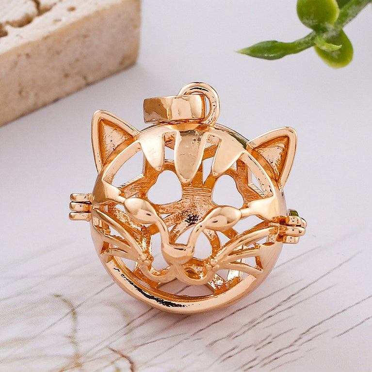 Cat Head Metal Sphere Holder Necklace Perfume Pendant Sweater Chain