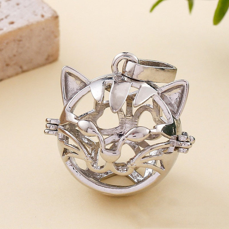 Cat Head Metal Sphere Holder Necklace Perfume Pendant Sweater Chain