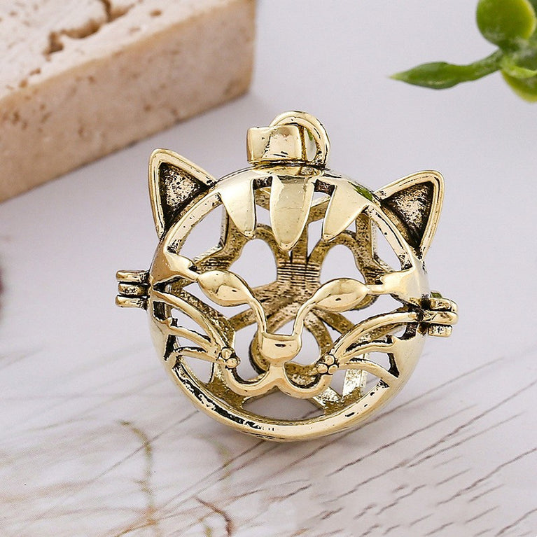 Cat Head Metal Sphere Holder Necklace Perfume Pendant Sweater Chain