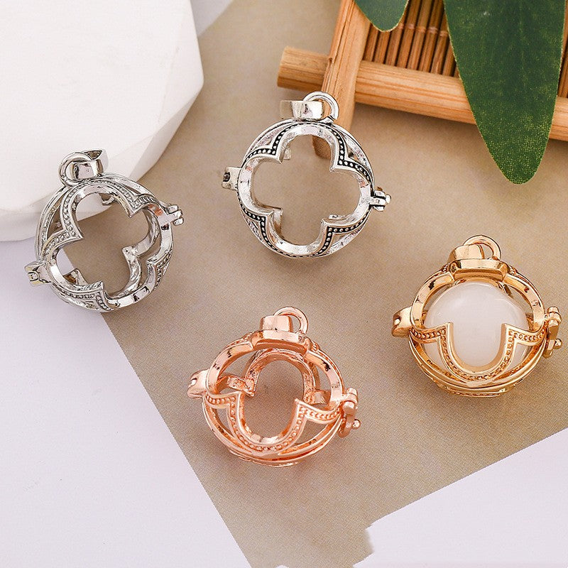 Four Leaf Clover Metal Sphere Holder Necklace Perfume Pendant Sweater Chain