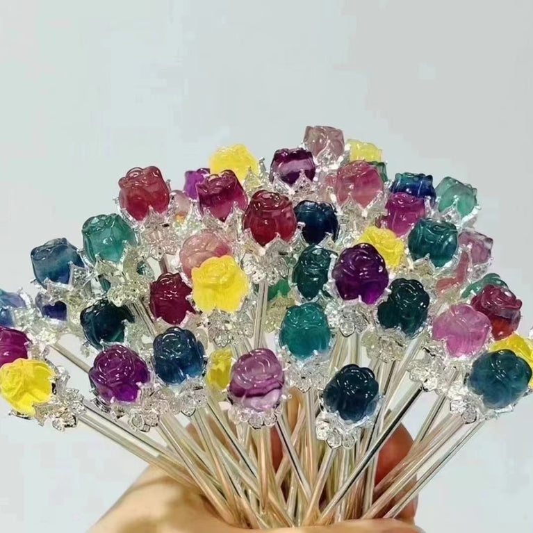 Natural Fluorite Rose Hair Stick Hairpin Flower Bouquet