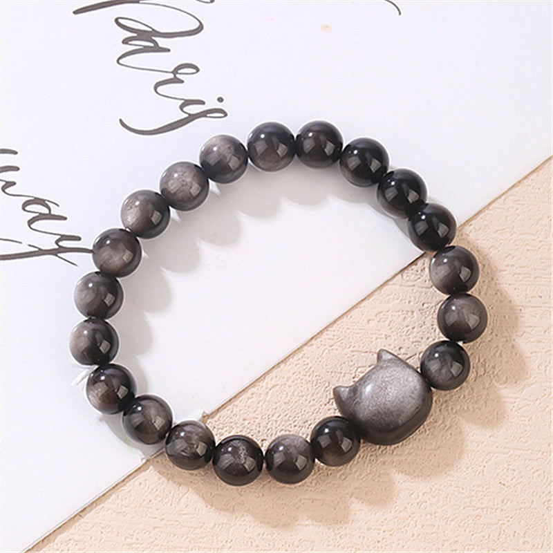 8mm Silver Sheen Obsidian Cat Bracelets Round Bead Bracelet