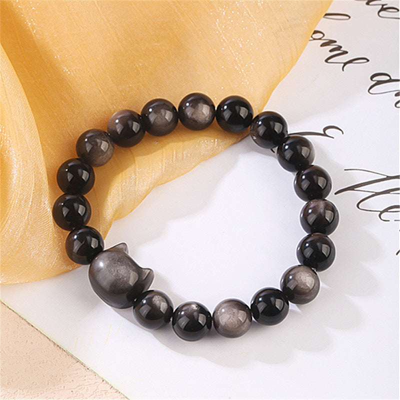 8mm Silver Sheen Obsidian Cat Bracelets Round Bead Bracelet