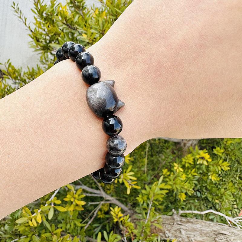 8mm Silver Sheen Obsidian Cat Bracelets Round Bead Bracelet