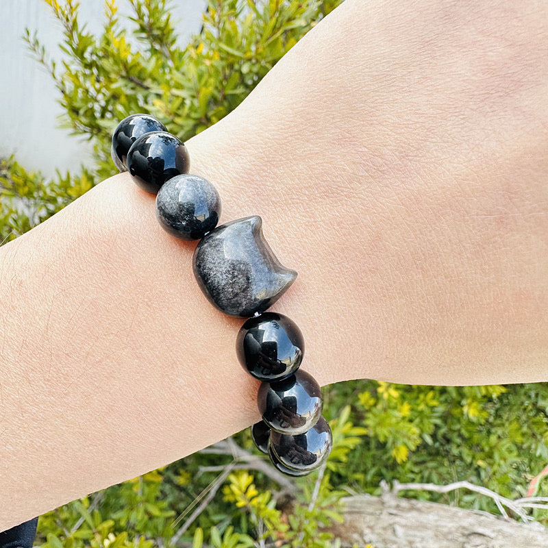 8mm Silver Sheen Obsidian Cat Bracelets Round Bead Bracelet