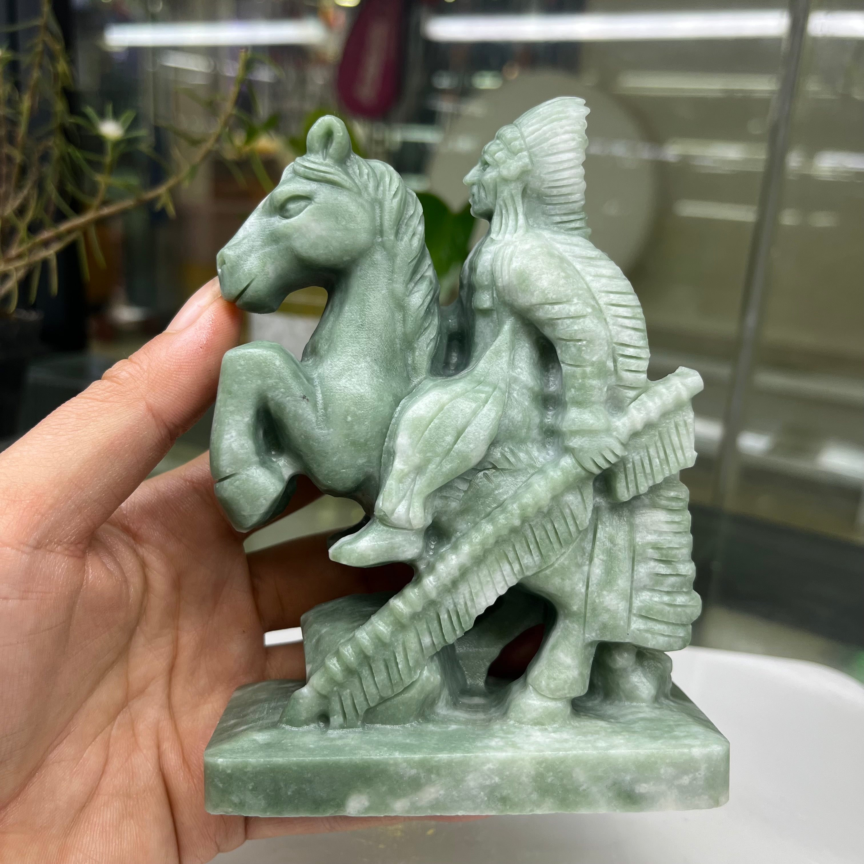 Natural Green Jasper Indigenous Knight Carving Table Decor Wholesale