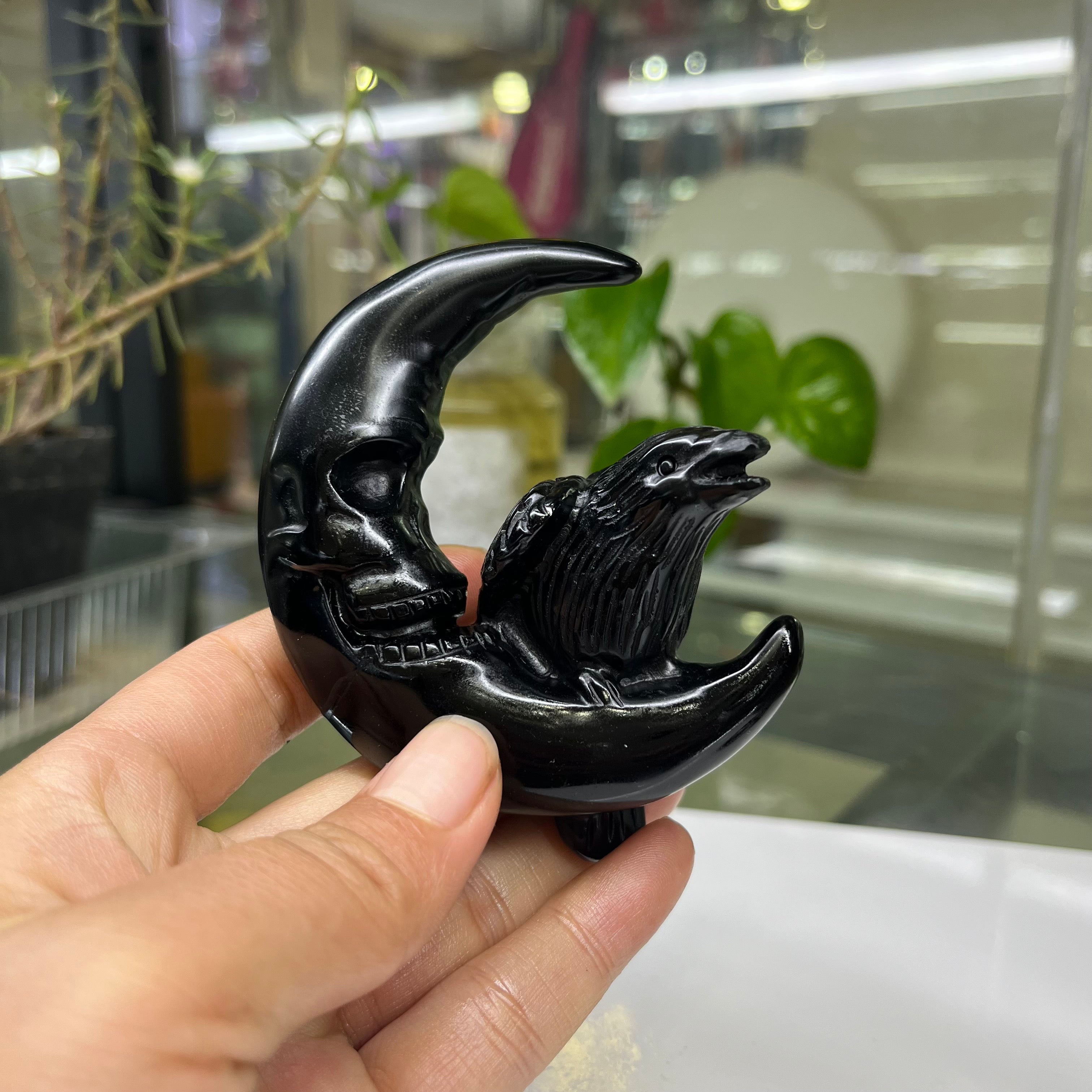 Natural Black Obsidian Raven on Moon Carving Table Decor Wholesale