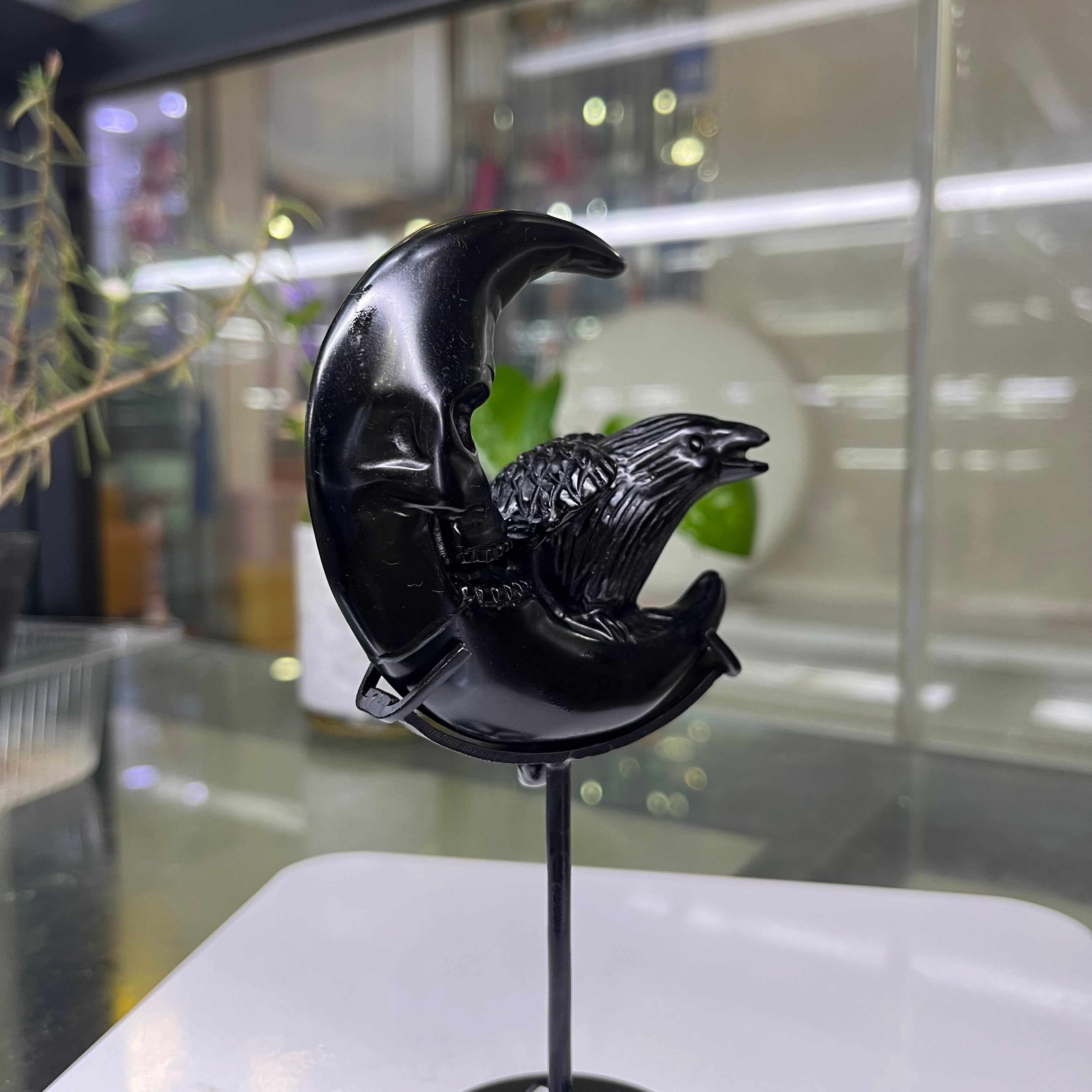 Natural Black Obsidian Raven on Moon Carving Table Decor Wholesale