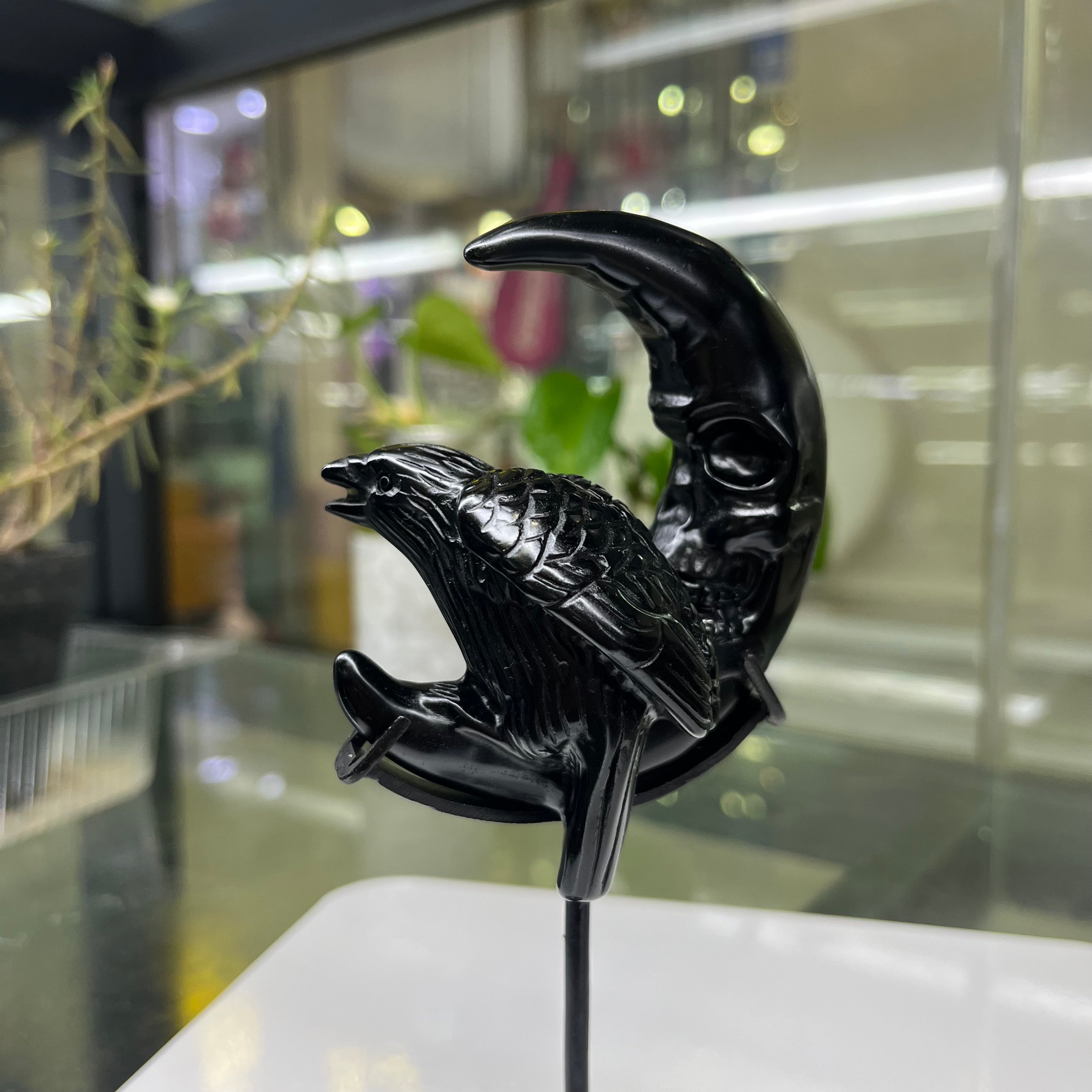 Natural Black Obsidian Raven on Moon Carving Table Decor Wholesale