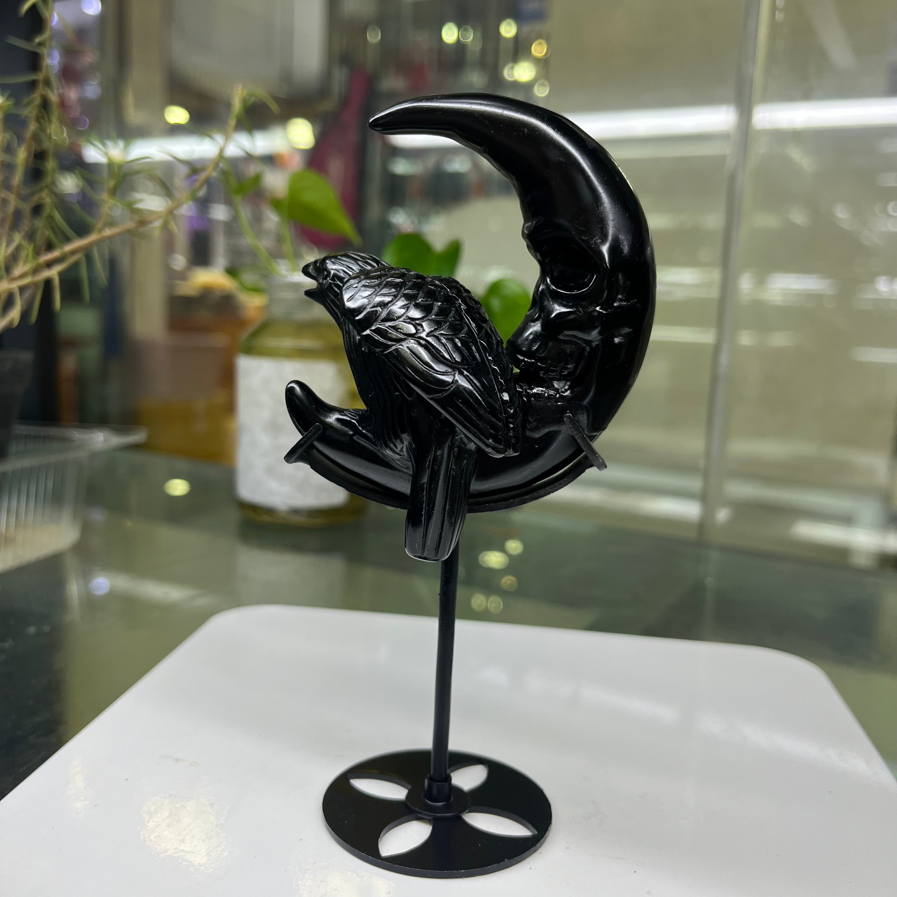 Natural Black Obsidian Raven on Moon Carving Table Decor Wholesale