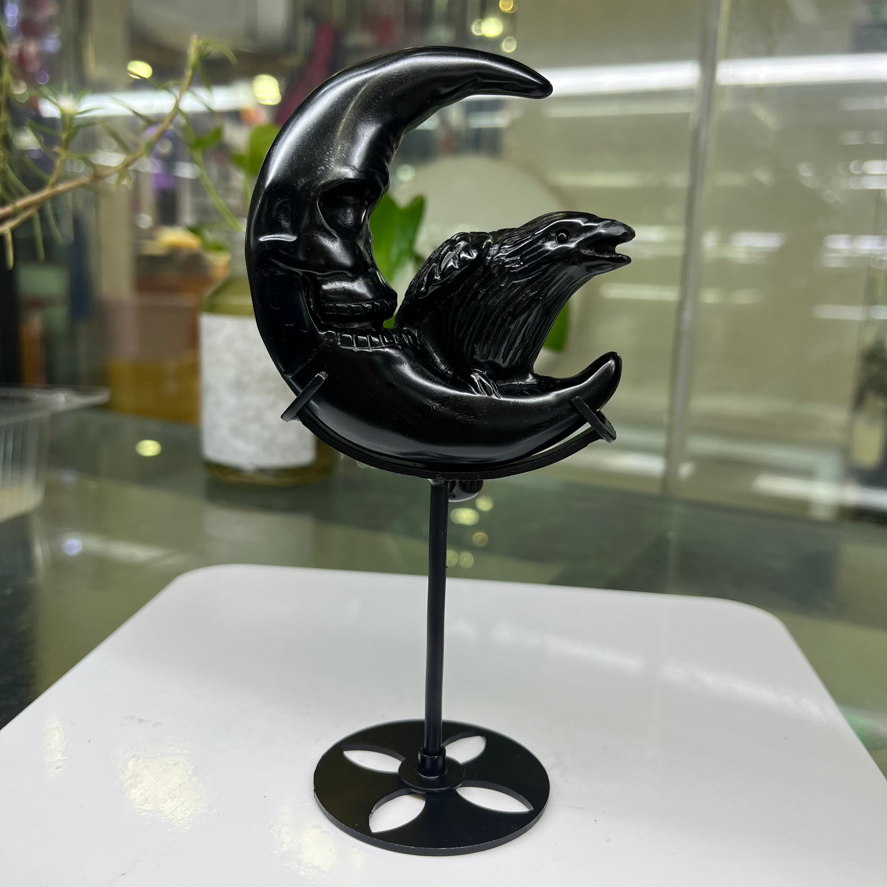 Natural Black Obsidian Raven on Moon Carving Table Decor Wholesale