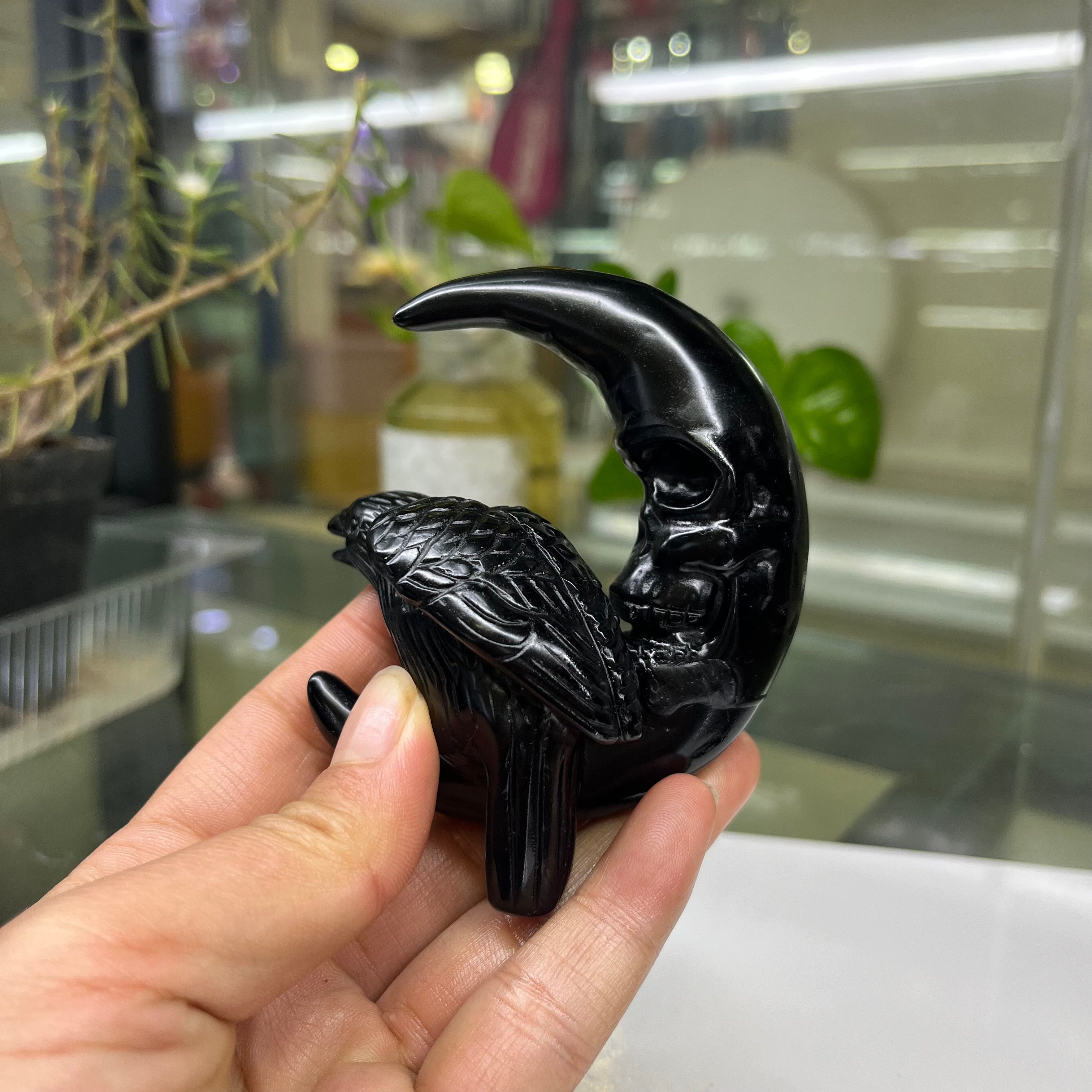 Natural Black Obsidian Raven on Moon Carving Table Decor Wholesale