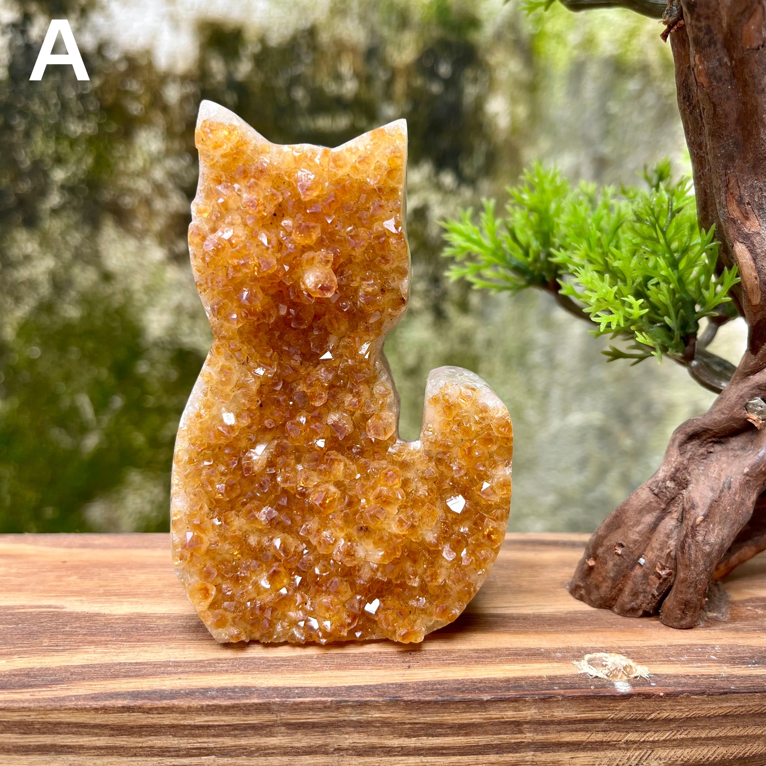 Citrine Cluster Raw Cut Cat Carving Decor