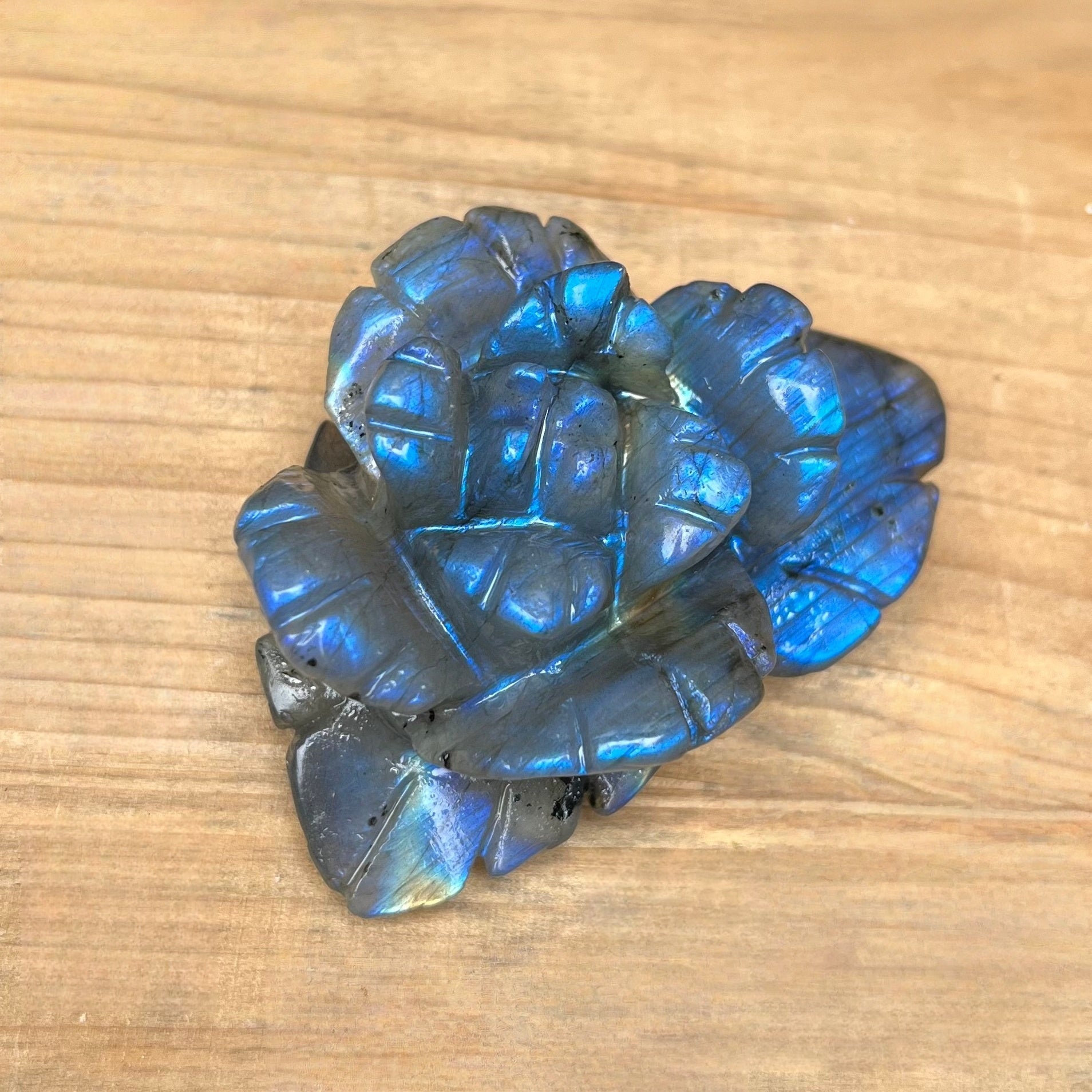 Labradorite Hand Carved Flower Carving(stand inluded)