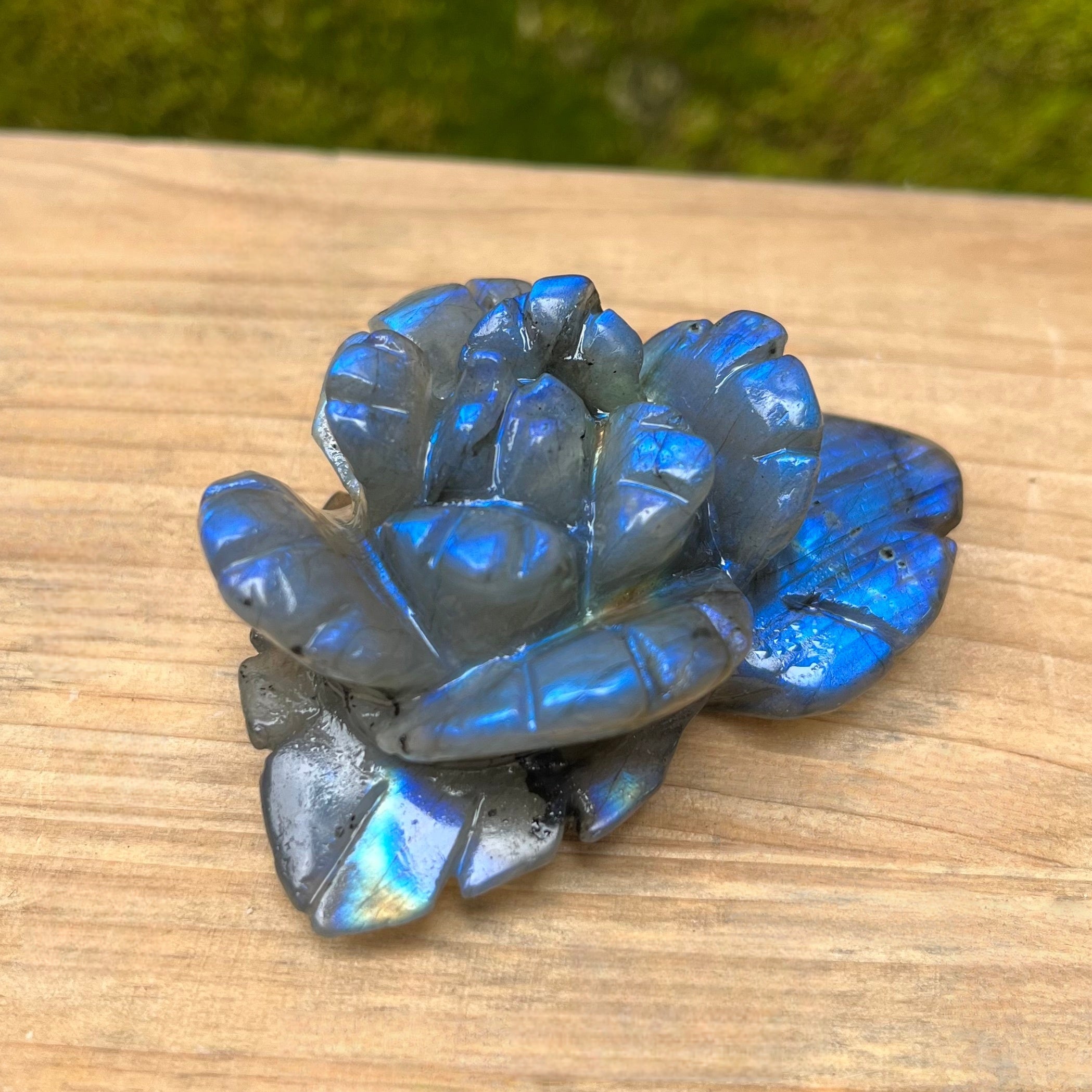 Labradorite Hand Carved Flower Carving(stand inluded)