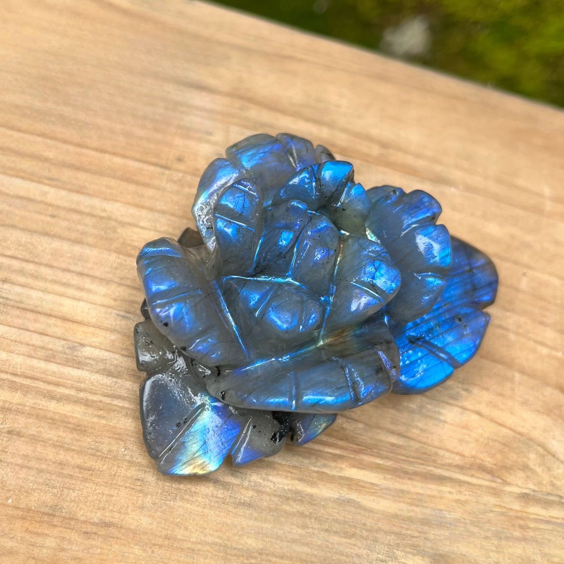 Labradorite Hand Carved Flower Carving(stand inluded)