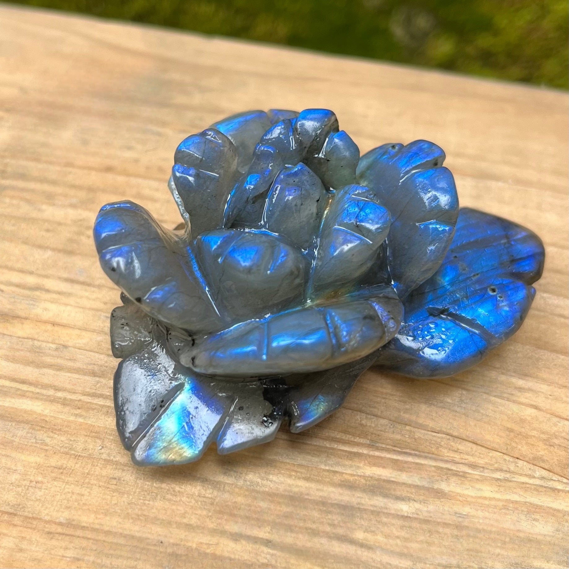 Labradorite Hand Carved Flower Carving(stand inluded)