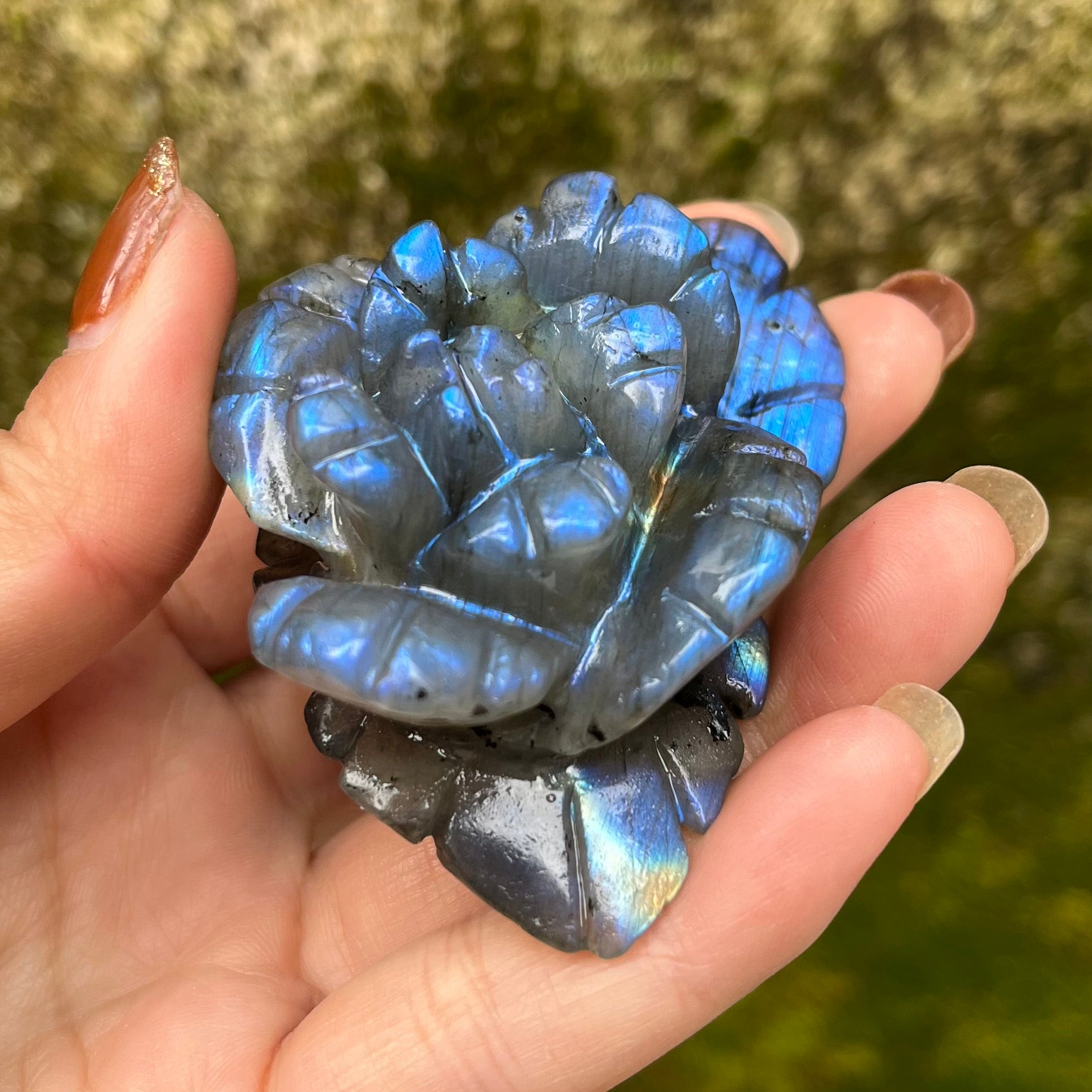 Labradorite Hand Carved Flower Carving(stand inluded)
