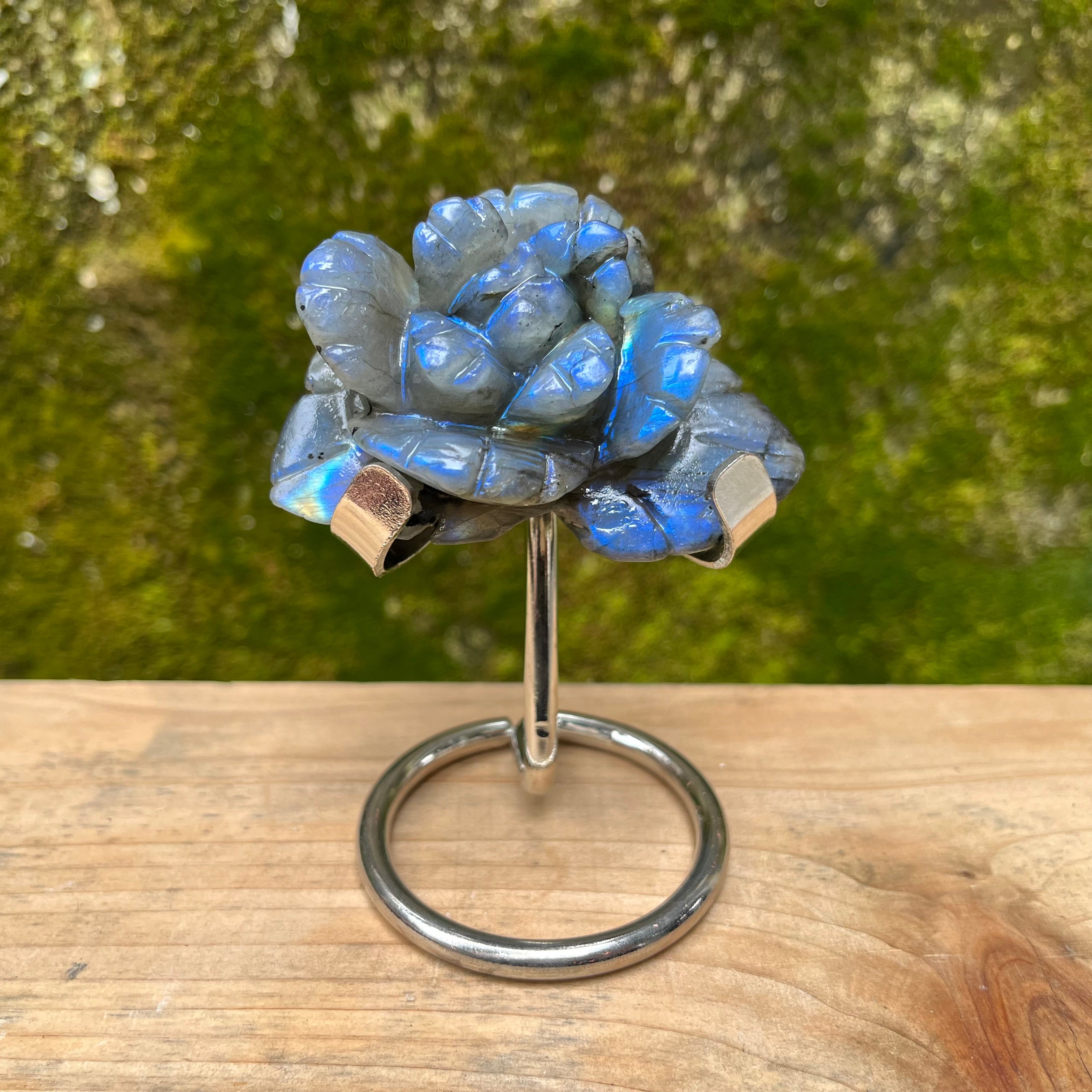 Labradorite Hand Carved Flower Carving(stand inluded)