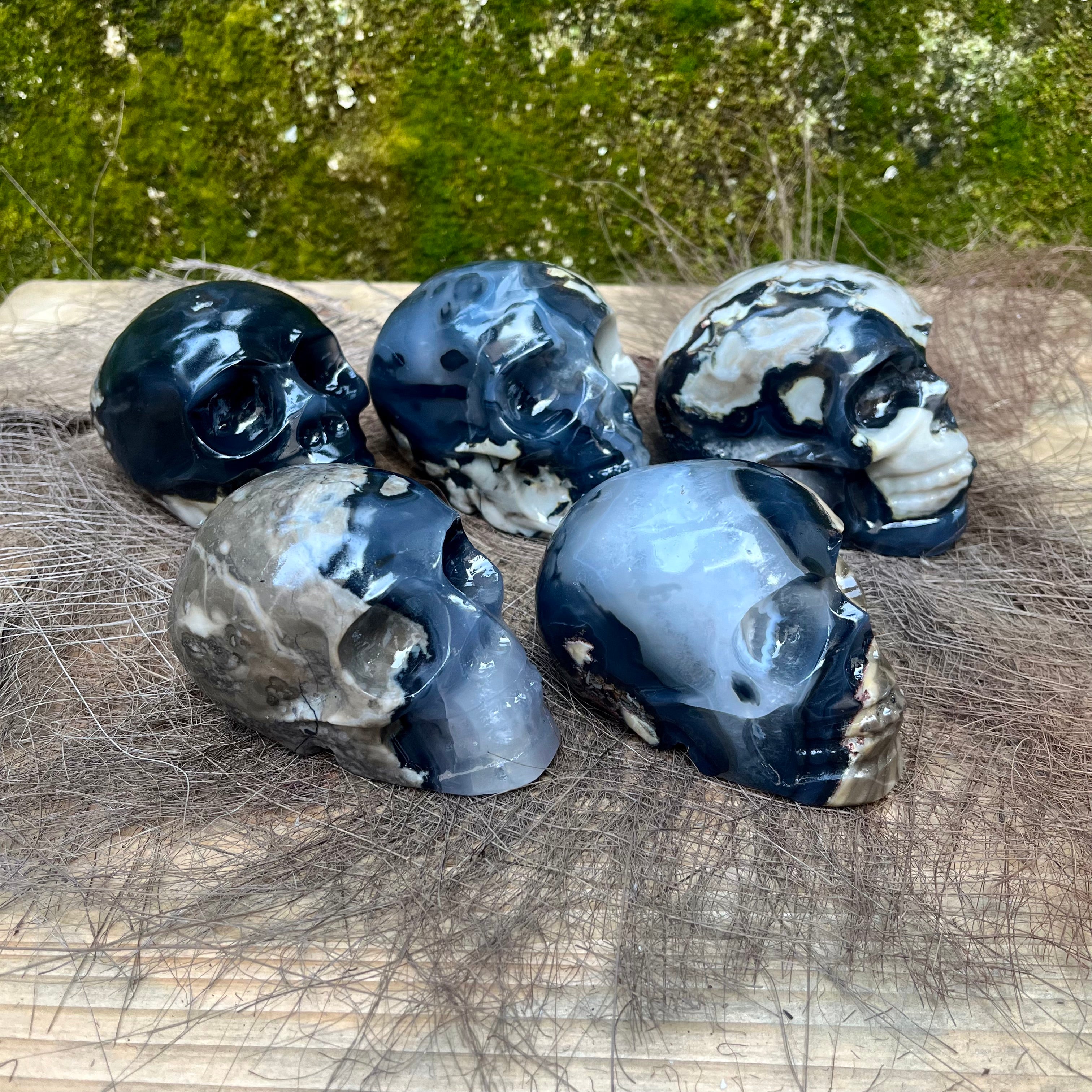 UV Reactive Volcanic Agate Skull Carving