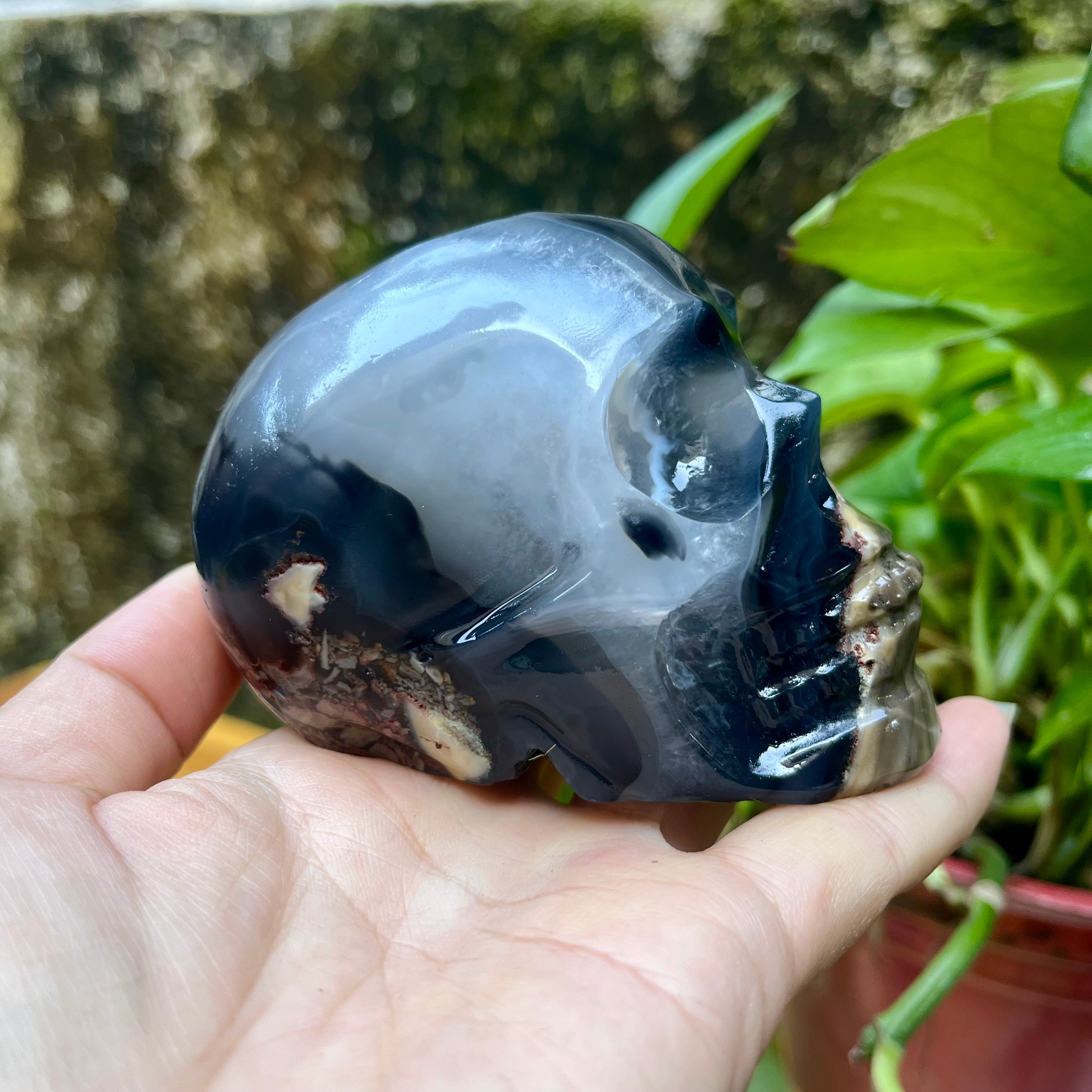 UV Reactive Volcanic Agate Skull Carving