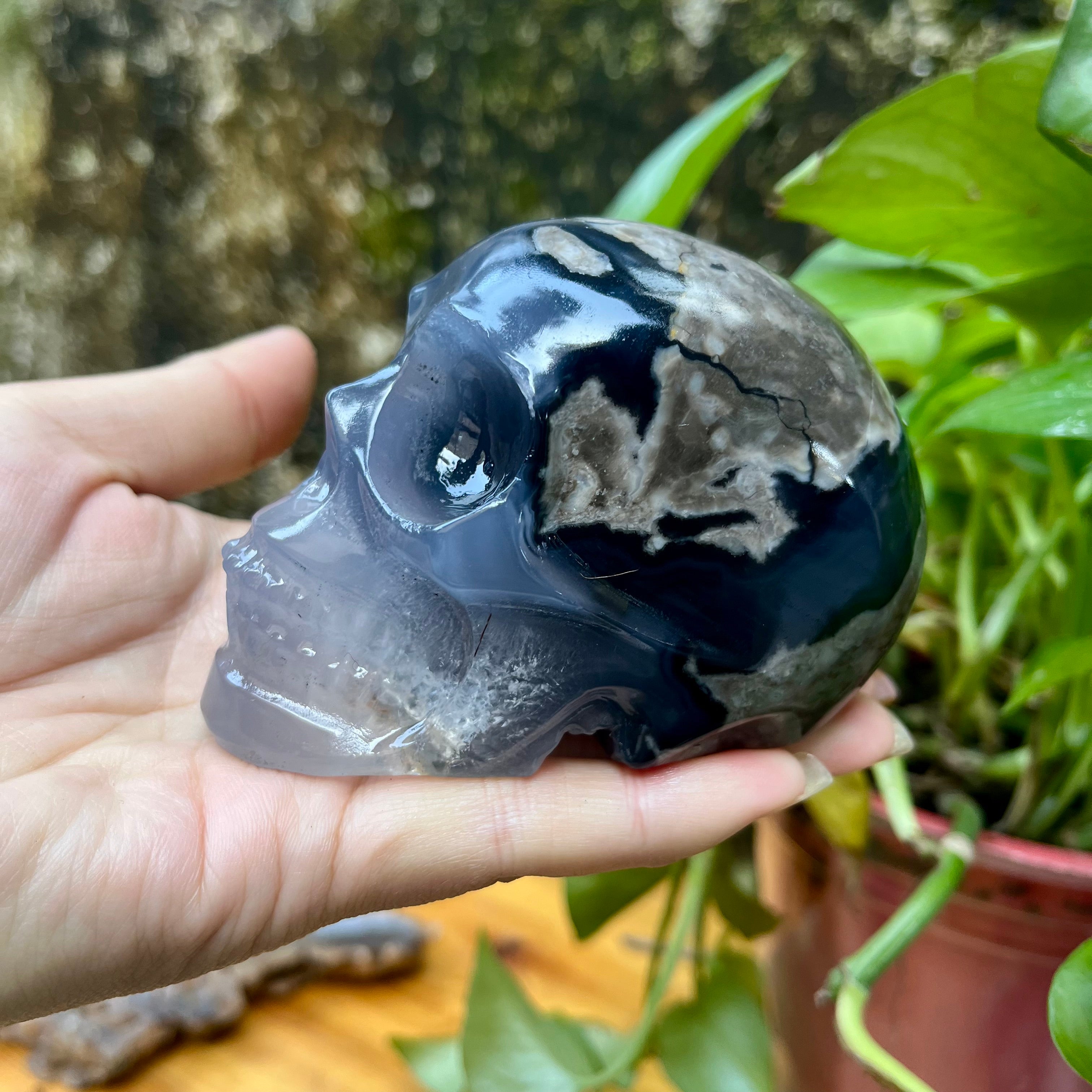 UV Reactive Volcanic Agate Skull Carving