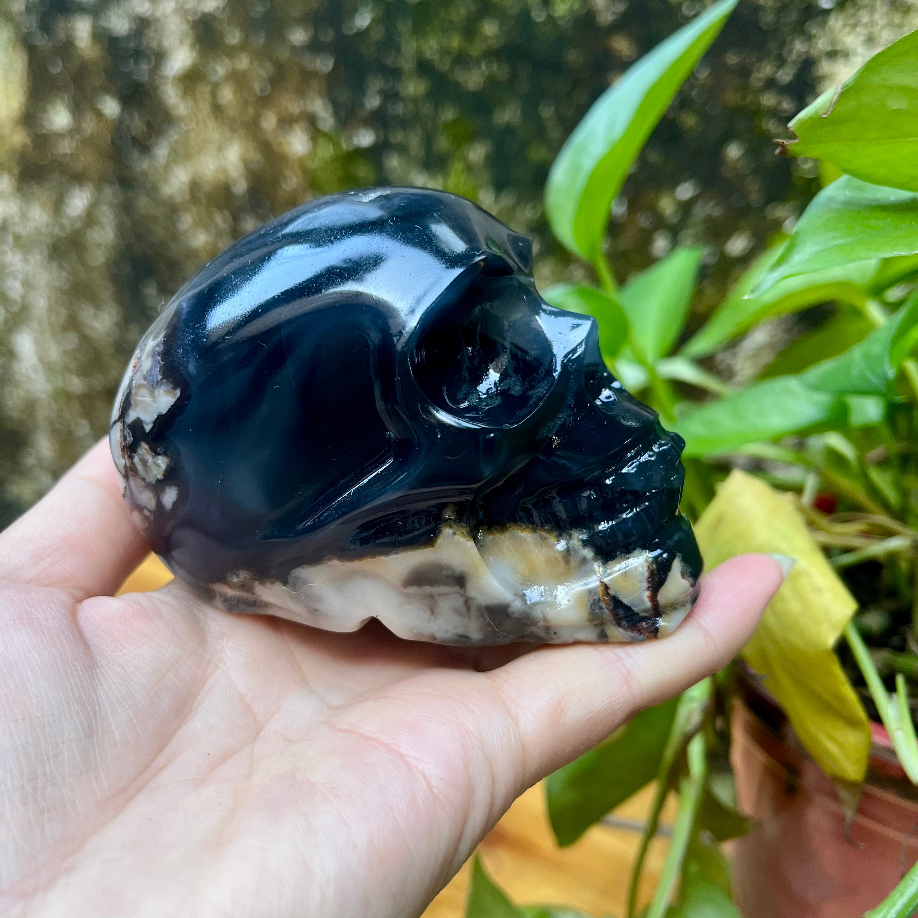 UV Reactive Volcanic Agate Skull Carving
