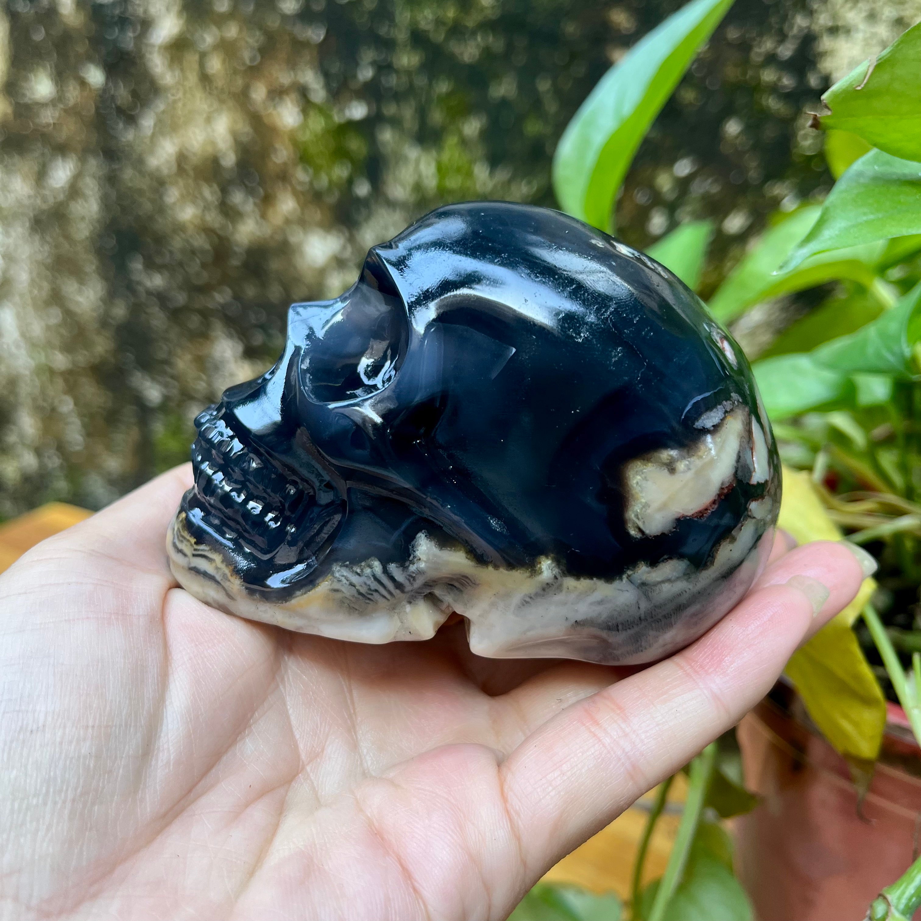 UV Reactive Volcanic Agate Skull Carving