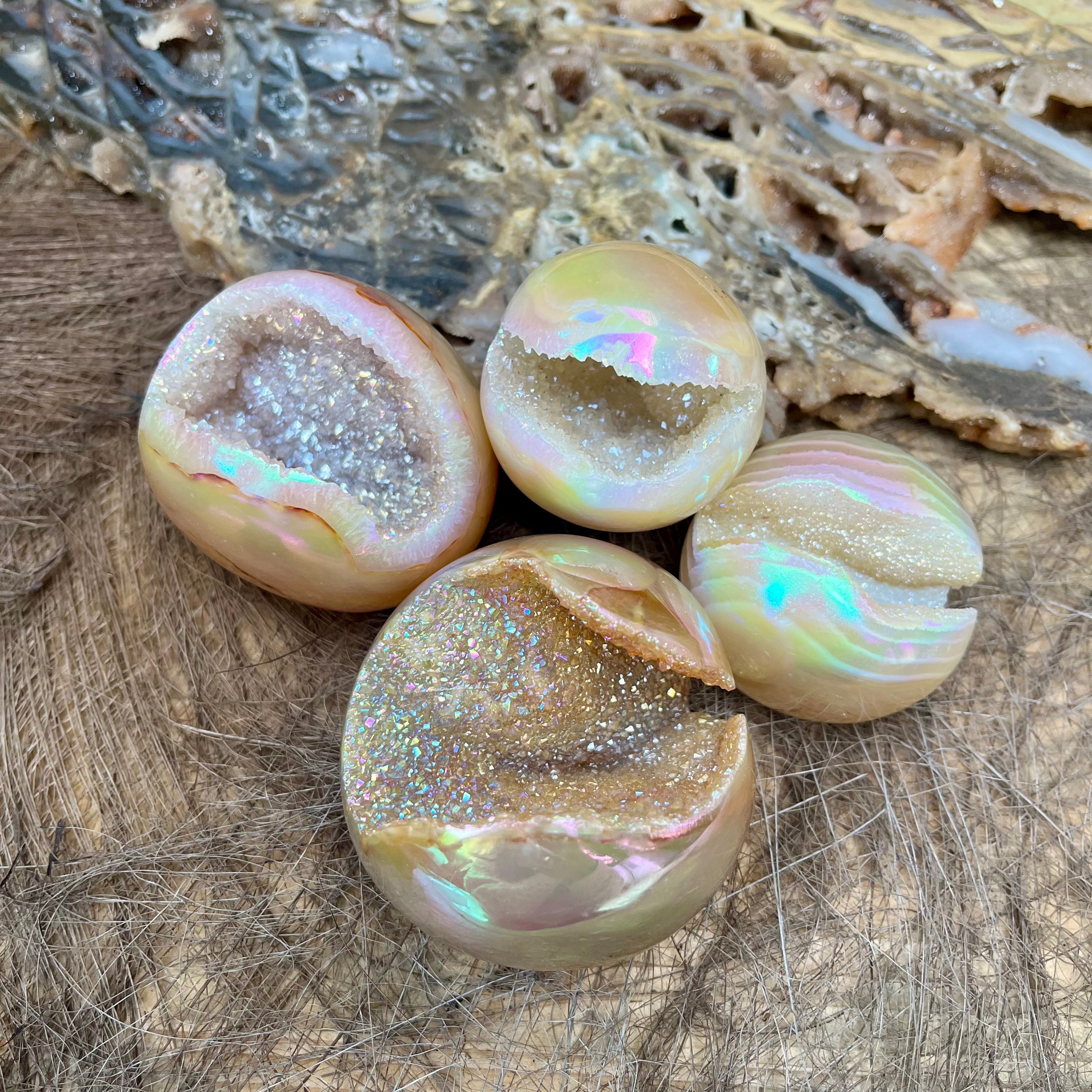3PCS Druzy Aura Agate Geode Spheres Group