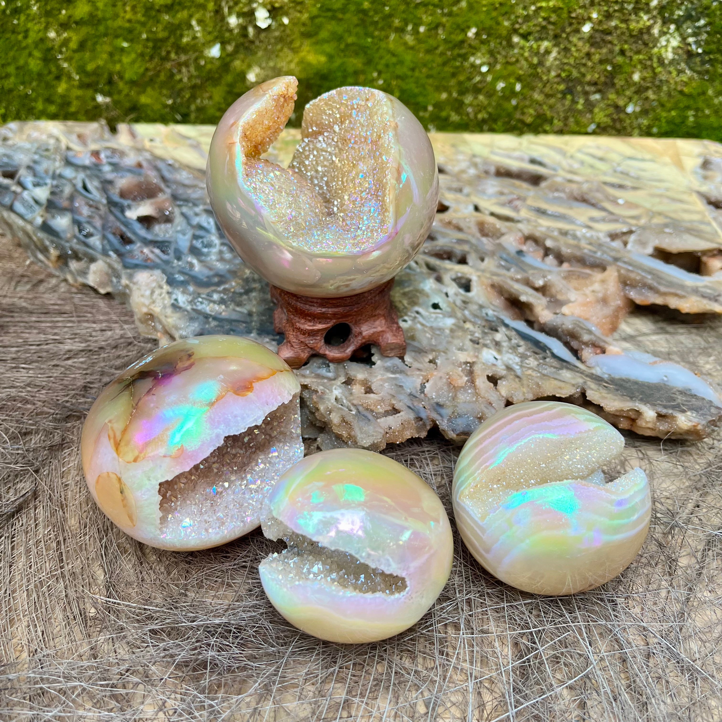 3PCS Druzy Aura Agate Geode Spheres Group