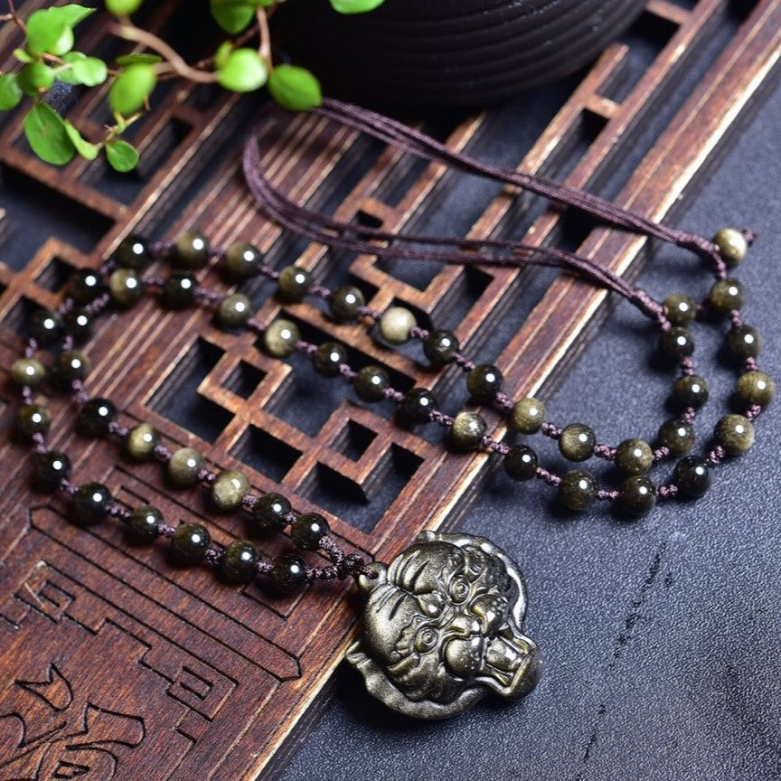 Natural Sheen Obsidian Tiger Head Pendant Necklace Fashion Jewelry