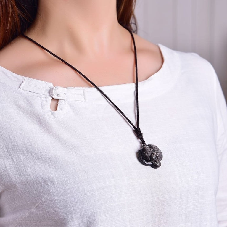 Natural Sheen Obsidian Tiger Head Pendant Necklace Fashion Jewelry