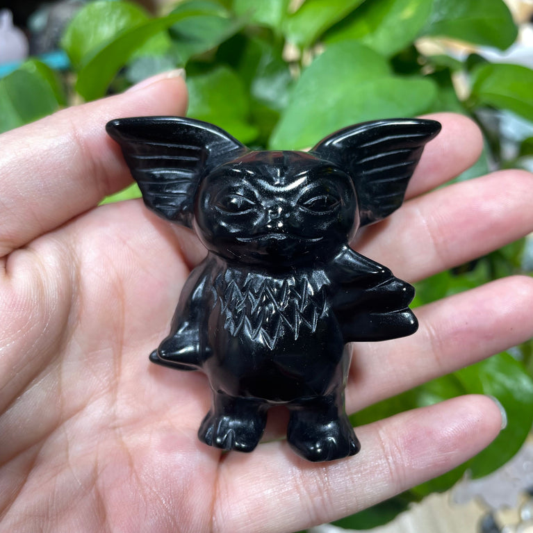 6CM Natural Black Obsidian Yooperlite Gremlin Carvings